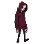 a tall, slender man in a heavy burgundy hoodie with a hood slightly obscuring his head. his pale mask hides all expression, and his pupil-less eyes add to his eerie presence. moving with purpose, he d