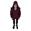 a tall, slender man in a heavy burgundy hoodie with a hood slightly obscuring his head. his pale mask hides all expression, and his pupil-less eyes add to his eerie presence. moving with purpose, he d