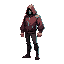 a tall, well-built man in a heavy burgundy hoodie with a hood slightly obscuring his head. his pale mask hides expression, and his pupil-less eyes add mystery. moving with quiet confidence, he drifts