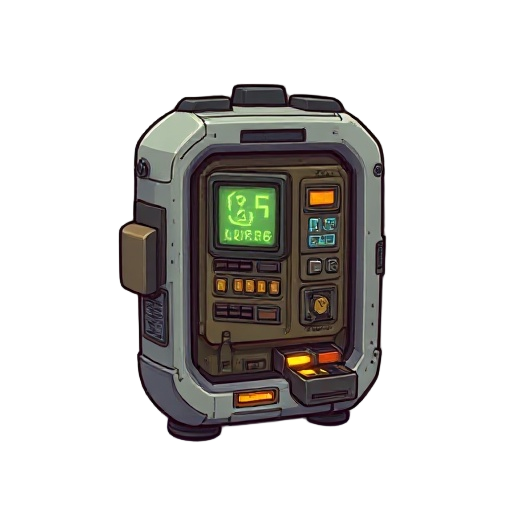 a compact autonomous trade module embedded in a weathered housing with moving parts. the device has coin slots, data interfaces, blinking trade glyphs, and small compartments opening