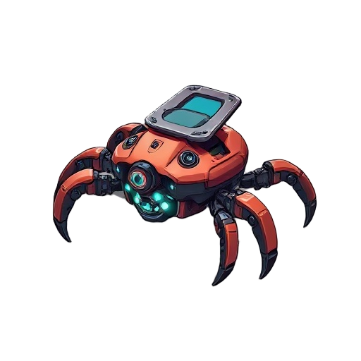 a small, crab-like mechanical drone with articulated limbs and a glossy armored shell. its body includes a hinged lid revealing micro-tools and glowing core. the drone has a utilitarian design with ye