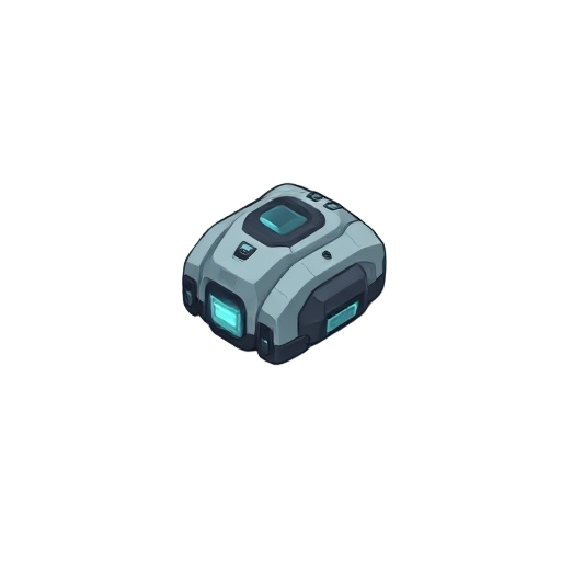 isometric top-down sprite of a small cybernetic unit called "nanostreak", shaped like a streamlined mechanical module. the design is minimalist and futuristic.