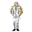 full body male character, anime jrpg style. suave blond-white haired man in mid-30s, piercing blue eyes, angular sharp features. wearing white tailored three-piece suit, dark grey tie, polished black dress shoes. long golden hair flowing behind, confident