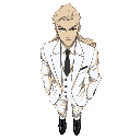 full body male character, anime jrpg style. suave blond-white haired man in mid-30s, piercing blue eyes, angular sharp features. wearing white tailored three-piece suit, dark grey tie, polished black dress shoes. long golden hair flowing behind, confident