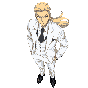full body male character, anime jrpg style. suave blond-white haired man in mid-30s, piercing blue eyes, angular sharp features. wearing white tailored three-piece suit, dark grey tie, polished black dress shoes. long golden hair flowing behind, confident