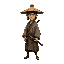 lone ronin samurai, wearing a tattered kimono, standing in a battle-worn field, sword sheathed at his side, deep and mysterious expression, traditional japanese straw hat (kasa)