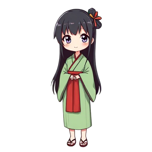 japan, miko, shrine maiden, kimono, yukata, light green outfit, black hair, long hair, black long hair, hime cut hair, 