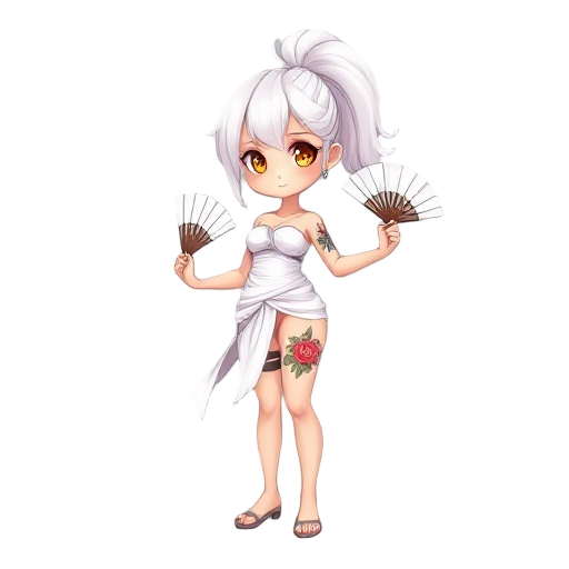 girl with white ponytail, wearing a white band around her body like clothes, have a tattoo of a rose on her right arm and left thigh, hlding fans in both hands, sunset eyes