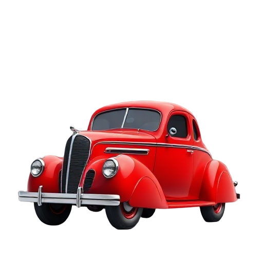 an anime red 1940s car moving its wheels