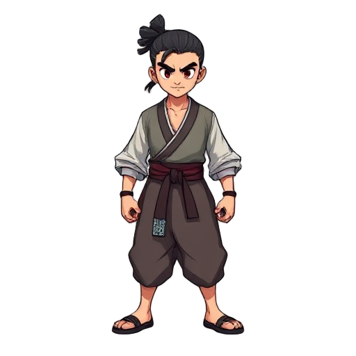 um personagem masculino com hakama com um bastão de luta nas costas e uma máscara branca estilo obito