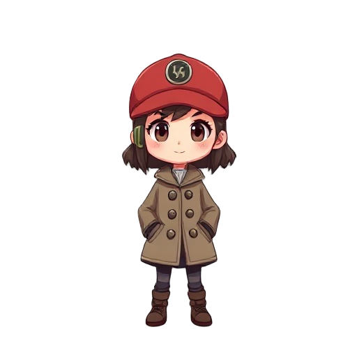 a little brunette girl with a red cap and a coat