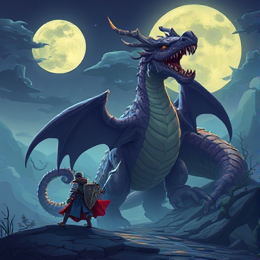 a medieval moonlit setting with a knight and a large dragon