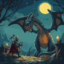 a medieval moonlit setting with a knight and a large dragon