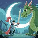 a medieval moonlit setting with a knight and a large dragon