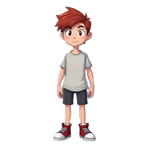 um personagem que tem cabelo roxo, usa calças pretas e uma camiseta branca