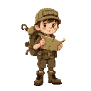 create a explorer cartoon boy. he has a backpack with a hope with a hook rolled up on side with 1,5x  his height. has a explorer helmet and boots. holding a map. palette of brown and green collors.