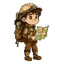 create a explorer cartoon boy. he has a backpack with a hope with a hook rolled up on side with 1,5x  his height. has a explorer helmet and boots. holding a map. palette of brown and green collors.