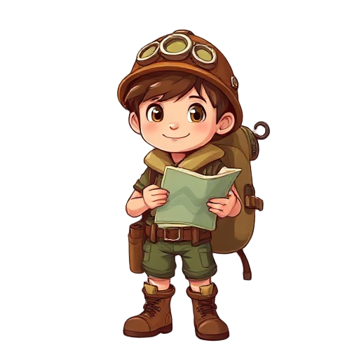 create a explorer cartoon boy. he has a backpack with a hope with a hook rolled up on side with 1,5x  his height. has a explorer helmet and boots. holding a map. palette of brown and green collors.