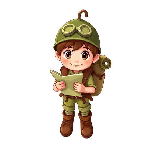 create a explorer cartoon boy. he has a backpack with a hope with a hook rolled up on side with 1,5x  his height. has a explorer helmet and boots. holding a map. palette of brown and green collors.