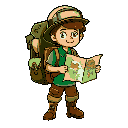 create a explorer cartoon boy. he has a backpack with a hope with a hook rolled up on side with 1,5x  his height. has a explorer helmet and boots. holding a map. palette of brown and green collors.