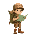 create a explorer cartoon boy. he has a backpack with a hope with a hook rolled up on side with 1,5x  his height. has a explorer helmet and boots. holding a map. palette of brown and green collors.