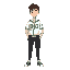 generate a male character wearing a ptc uniform. his outfit is a white school uniform with black pants, and the word 'ptc' is written on the uniform in green.