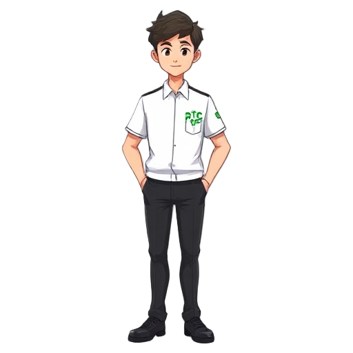 generate a male character wearing a ptc school uniform. his outfit is a white uniform with black pants, and the word 'ptc' is written in green on just one pocket."