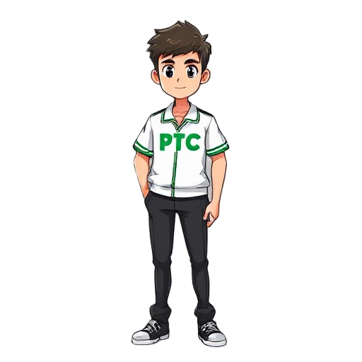 generate a male character wearing a ptc uniform. his outfit is a white school uniform with black pants, and the word 'ptc' is written on the uniform in green.