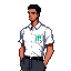 generate a male character wearing a ptc school uniform. his outfit is a white uniform with black pants, and the word 'ptc' is written in green on just one pocket."
