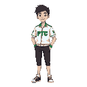 generate a male character wearing a ptc uniform. his outfit is a white school uniform with black pants, and the word 'ptc' is written on the uniform in green.