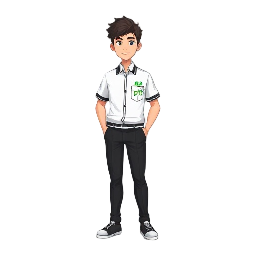 generate a male character wearing a ptc school uniform. his outfit is a white uniform with black pants, and the word 'ptc' is written in green on just one pocket."