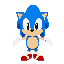 a blue hedgehog with a pale peach belly, muzzle, and arms. he has three spikes on his head that curve backward, and he wears white gloves and red shoes with a white stripe. he has solid black eyes and a small, black nose.