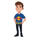 a man with short brown hair and light skin, a blue soccer t-shirt with a red bull logo in the center and some yellow stripes at the bottom of the jersey, black jeans, black shoes.