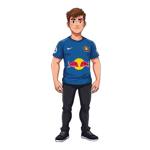 a man with short brown hair and light skin, a blue soccer t-shirt with a red bull logo in the center and some yellow stripes at the bottom of the jersey, black jeans, black shoes.