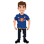 a man with short brown hair and light skin, a blue soccer t-shirt with a red bull logo in the center and some yellow stripes at the bottom of the jersey, black jeans, black shoes.