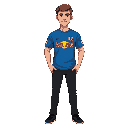 a man with short brown hair and light skin, a blue soccer t-shirt with a red bull logo in the center and some yellow stripes at the bottom of the jersey, black jeans, black shoes.