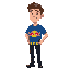 a man with short brown hair and light skin, a blue soccer t-shirt with a red bull logo in the center and some yellow stripes at the bottom of the jersey, black jeans, black shoes.