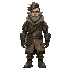 the character wears a weathered, dust-covered survival outfit consisting of a heavy, patched-up coat with reinforced elbow pads, layered fabric