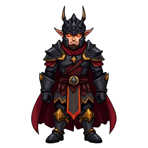 male warrior in 16-bit rpg style, standing in idle pose on a transparent background. he wears heavy dark steel armor with golden trims, a deep red cape, and a spiked helmet with glowing orange eyes.