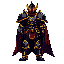 male warrior in 16-bit rpg style, standing in idle pose on a transparent background. he wears heavy dark steel armor with golden trims, a deep red cape, and a spiked helmet with glowing orange eyes.