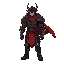 male warrior in 16-bit rpg style, standing in idle pose on a transparent background. he wears heavy dark steel armor with golden trims, a deep red cape, and a spiked helmet with glowing orange eyes.