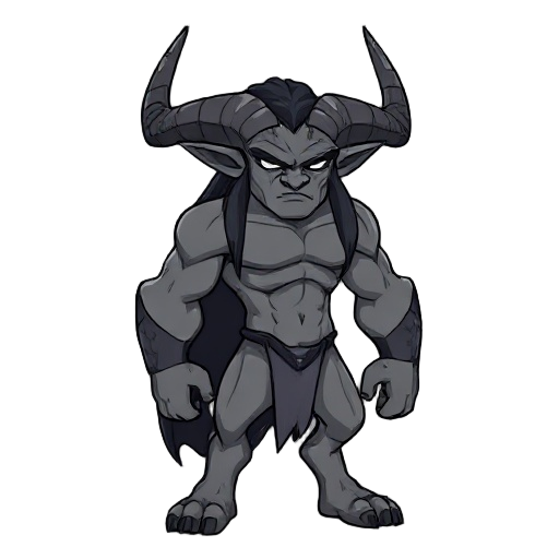 kaelos has a muscular, defined body without exaggeration. skin is gray or ash-toned, matte. face is serious, with a strong jaw and straight eyebrows, no emotional expression. hair is long, black, straight, and falls flat. ears are long, sharp, tense. horn