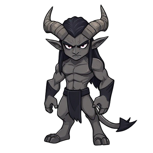 kaelos has a muscular, defined body without exaggeration. skin is gray or ash-toned, matte. face is serious, with a strong jaw and straight eyebrows, no emotional expression. hair is long, black, straight, and falls flat. ears are long, sharp, tense. horn