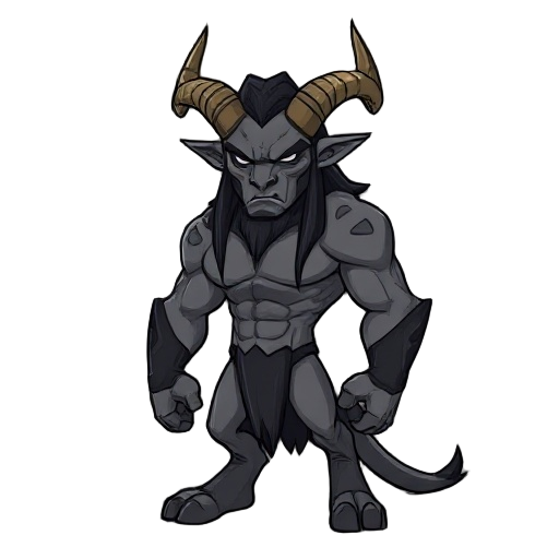 kaelos has a muscular, defined body without exaggeration. skin is gray or ash-toned, matte. face is serious, with a strong jaw and straight eyebrows, no emotional expression. hair is long, black, straight, and falls flat. ears are long, sharp, tense. horn