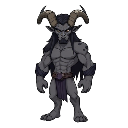 kaelos has a muscular, defined body without exaggeration. skin is gray or ash-toned, matte. face is serious, with a strong jaw and straight eyebrows, no emotional expression. hair is long, black, straight, and falls flat. ears are long, sharp, tense. horn