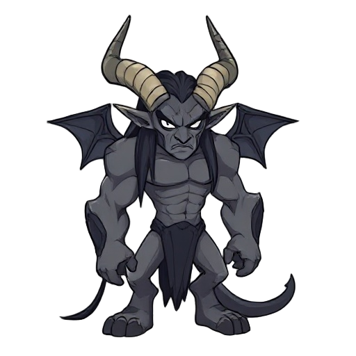 kaelos has a muscular, defined body without exaggeration. skin is gray or ash-toned, matte. face is serious, with a strong jaw and straight eyebrows, no emotional expression. hair is long, black, straight, and falls flat. ears are long, sharp, tense. horn