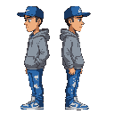 a male character in a perfect side profile view. he wears a blue la cap, a washed gray hoodie, blue jeans with white splatters, and blue nike dunks. he has a determined but weary expression.