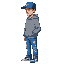 a male character in a perfect side profile view. he wears a blue la cap, a washed gray hoodie, blue jeans with white splatters, and blue nike dunks. he has a determined but weary expression. detailed 