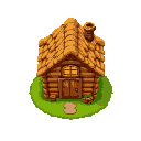 cozy wooden cabin, small house with wood walls, thatched roof, chimney, centered door, glowing window, grass patch around, 16-bit retro style, clean pixels, bright cozy vibe