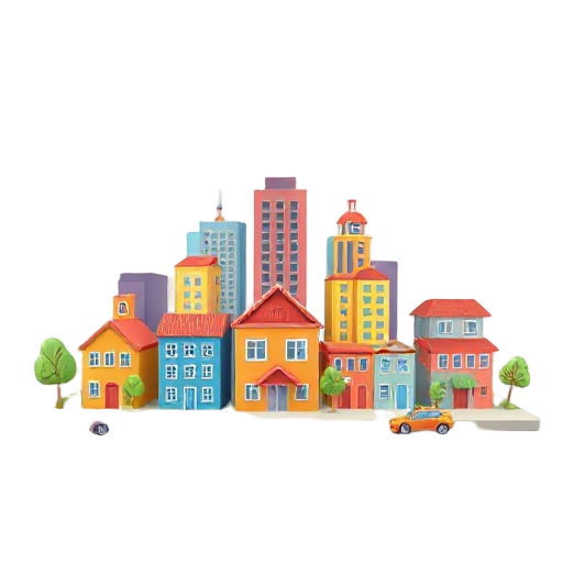 background, no text,  colorful houses, small cars, tall buildings, blue sky with clouds